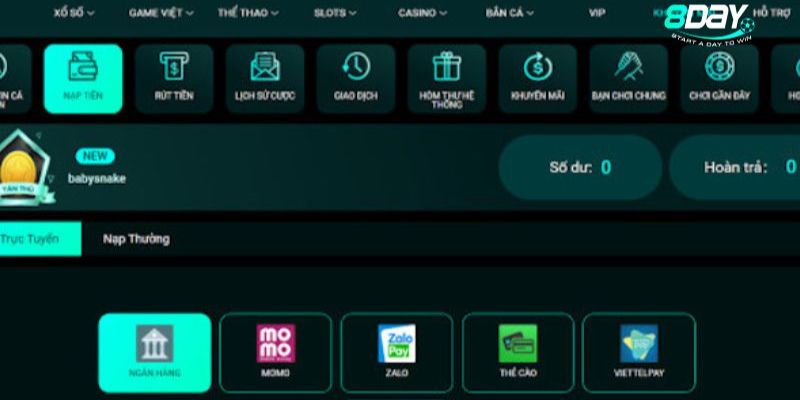 Tài khoản 8Day thông qua các ví điện tử